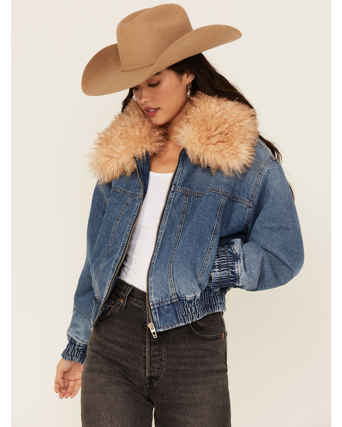 BLANKNYC Women's Fur Collar Denim Bomber Jacket