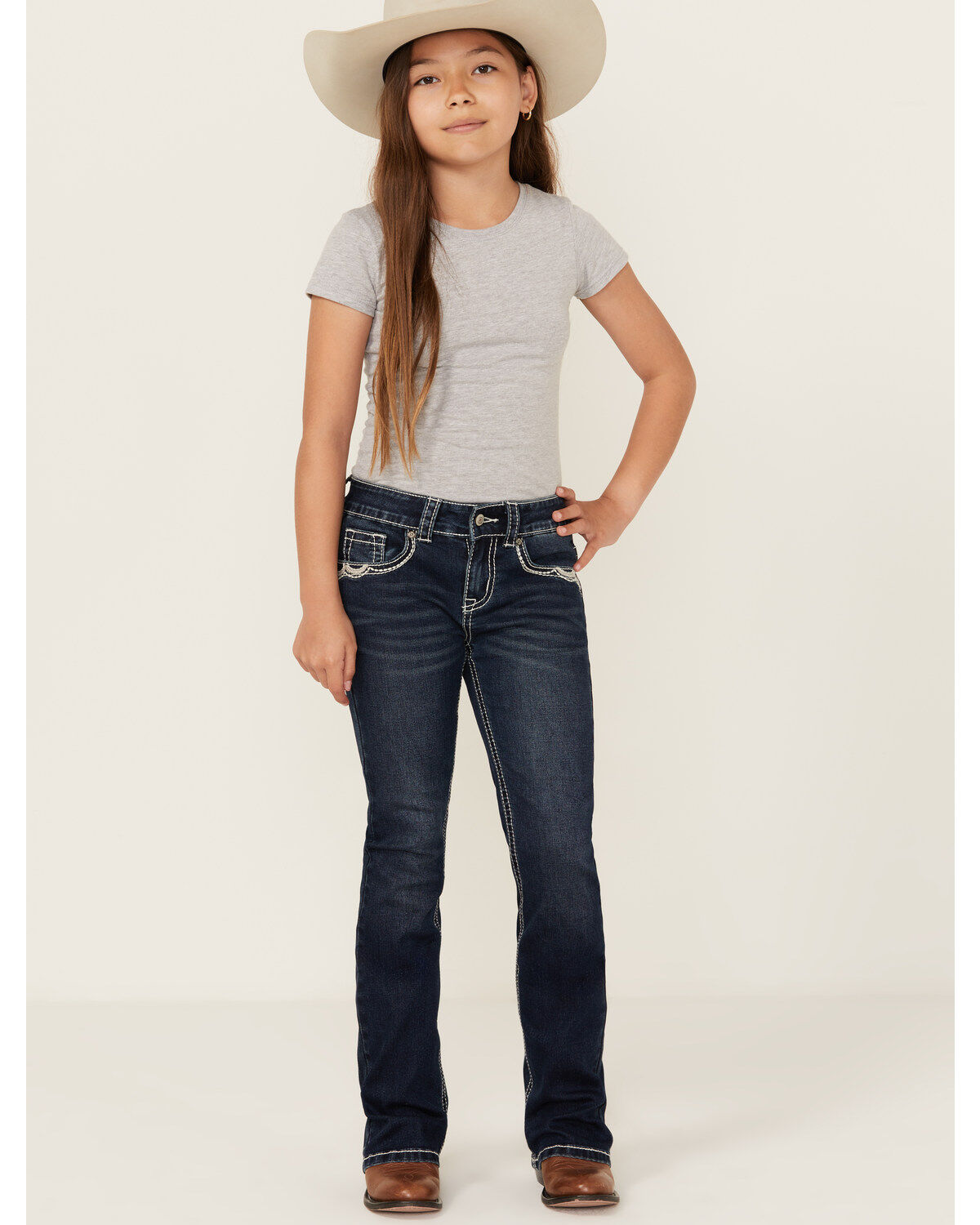 Shyanne Girls' Dark Wash Lace Pockets Bootcut Stretch Denim Jeans