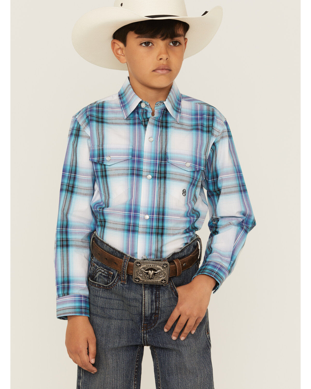 Roper Boys' Plaid Print Long Sleeve Pearl Snap Western Shirt