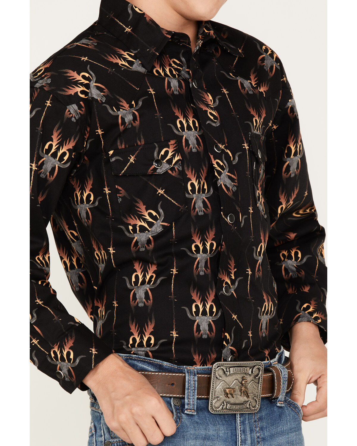 Rock & Roll Denim Boys' Dale Brisby Flame Steer Head Long Sleeve Snap Western Shirt