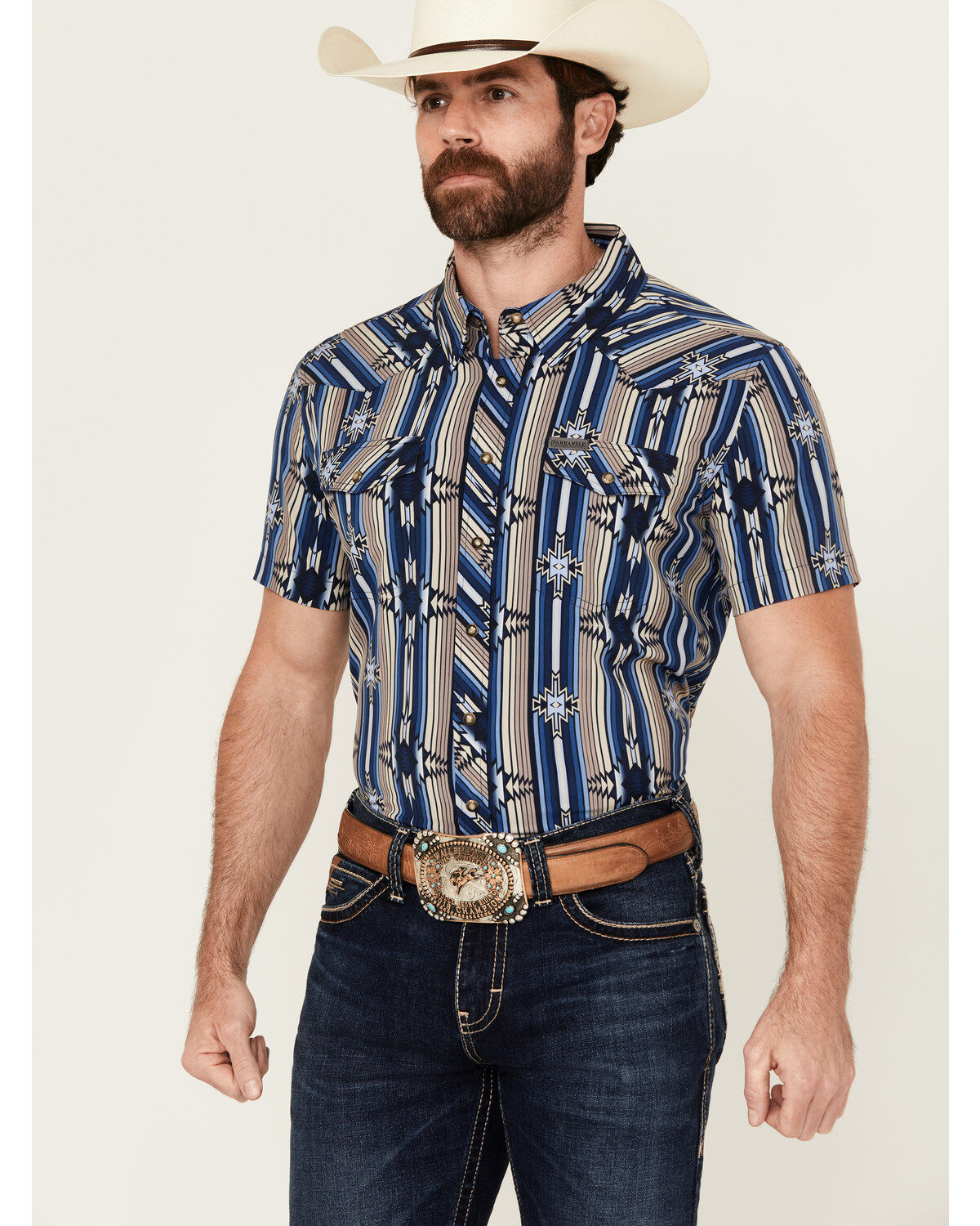 Panhandle Men's Southwestern Print Short Sleeve Snap Performance Stretch Western Shirt