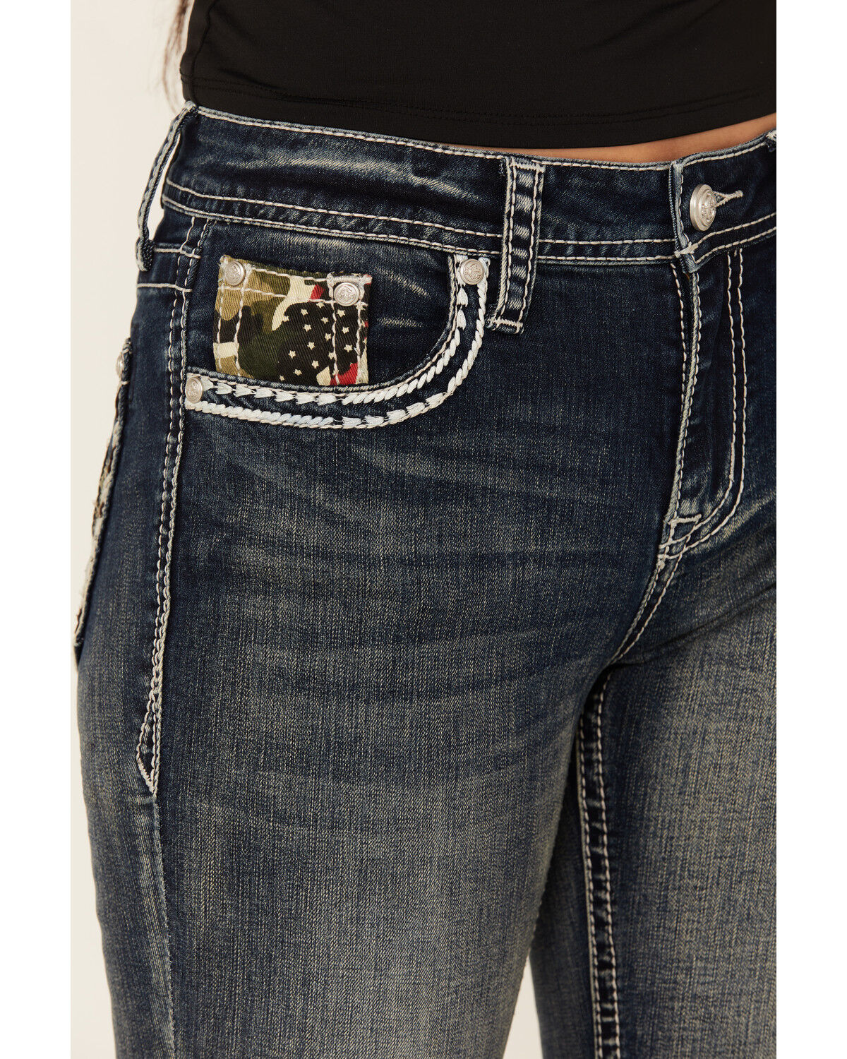 Grace In LA Women's Medium Wash Camo Fleur De Lis Embroidered Mid Rise Bootcut Stretch Denim Jeans