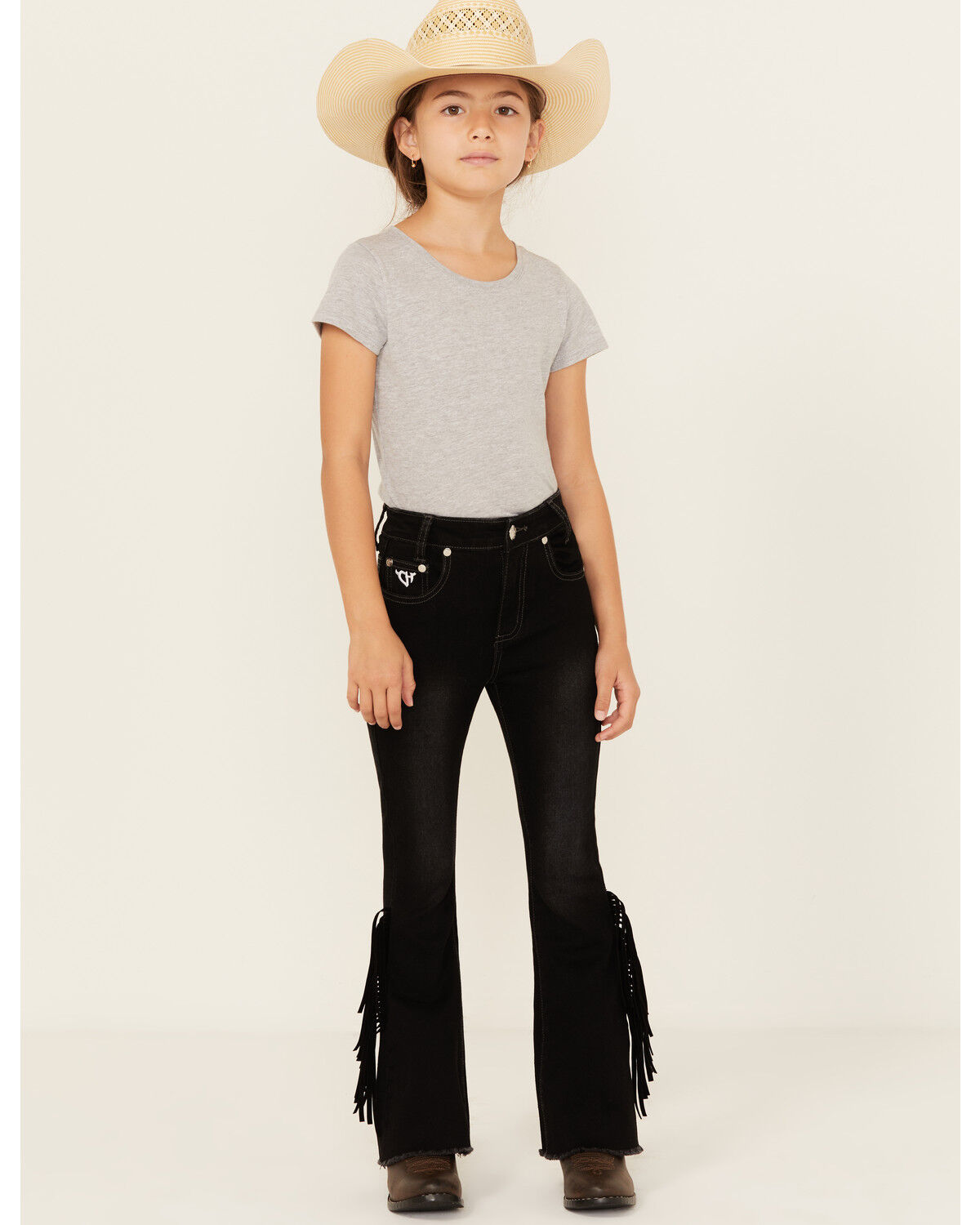 Cowgirl Hardware Girls' Side Fringe Bell Bottom Stretch Denim Jeans
