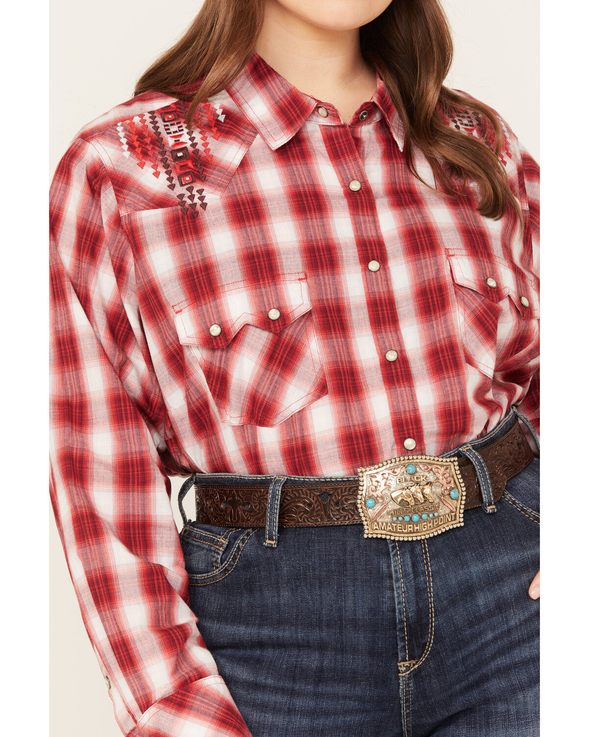 Ariat Women's R.E.A.L. Embroidered Plaid Print Long Sleeve Western Pearl Snap Shirt - Plus