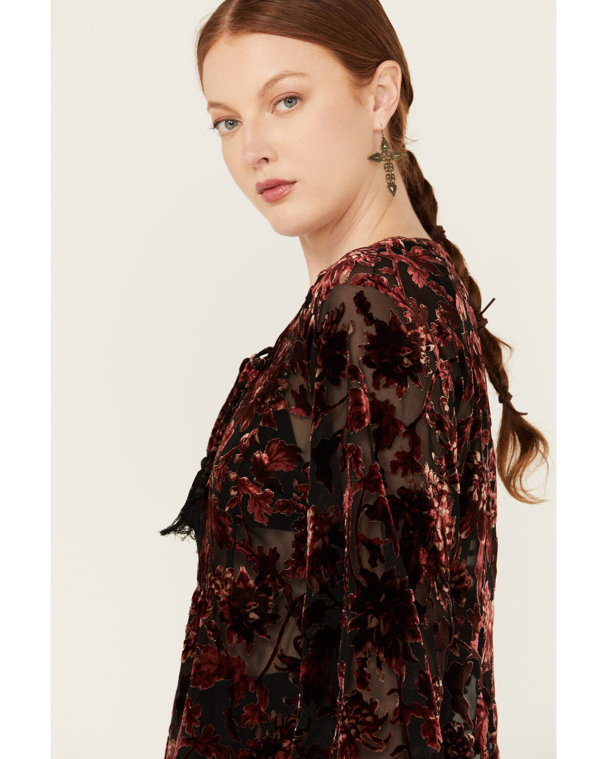 Shyanne Women's Burnout Velvet Peasant Lace-Up Top