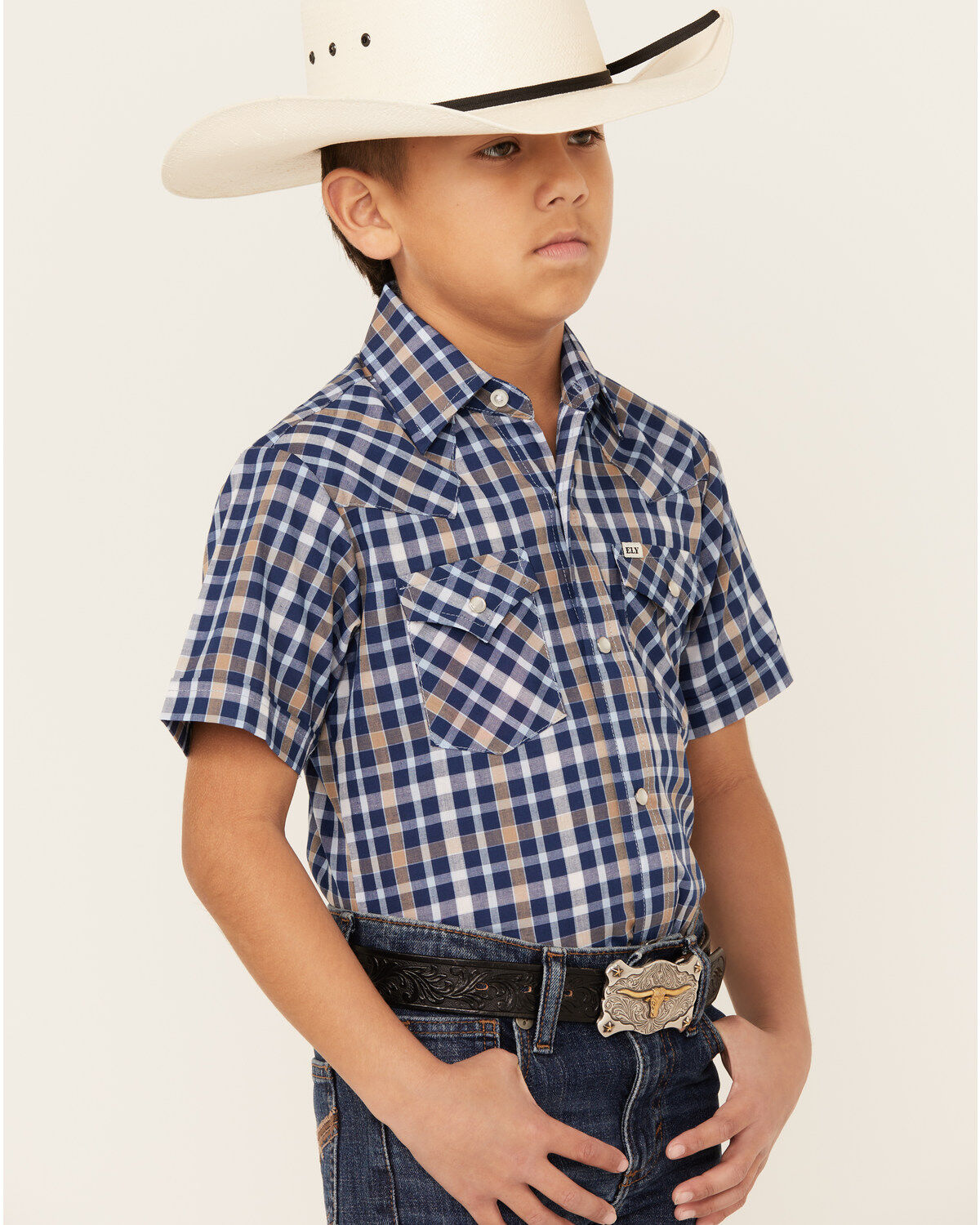 Ely Walker Boys' Plaid Print Short Sleeve Pearl Snap Western Shirt