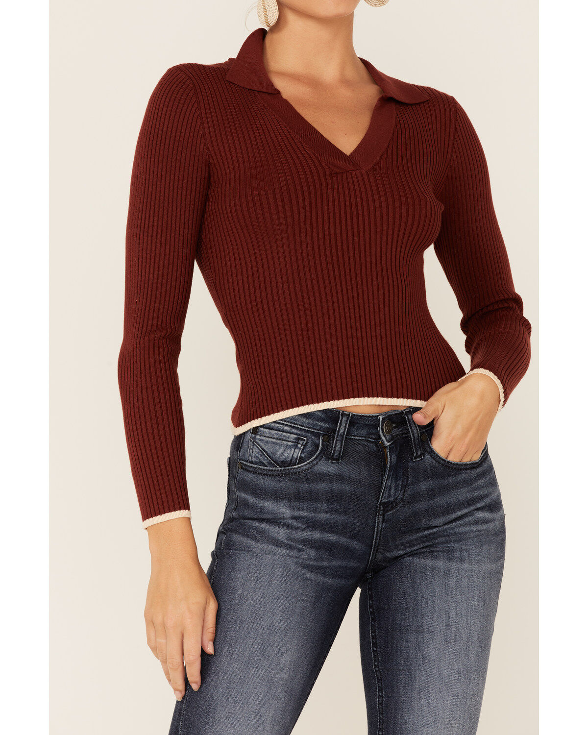 Shyanne Women's Chocolate Collared Ribbed Top
