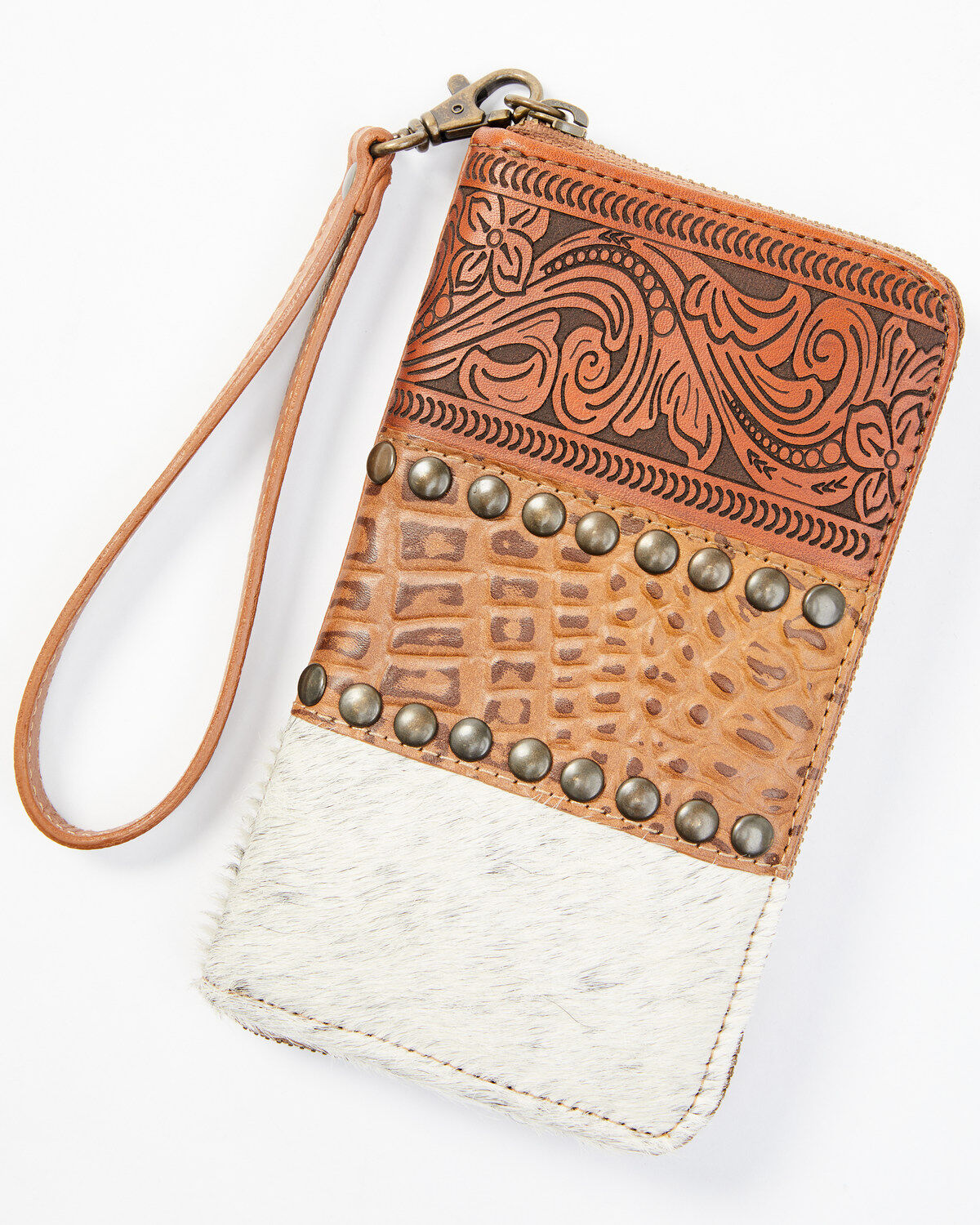 Shyanne Women's Brown Patchwork Hair-On & Tooled Wristlet Wallet