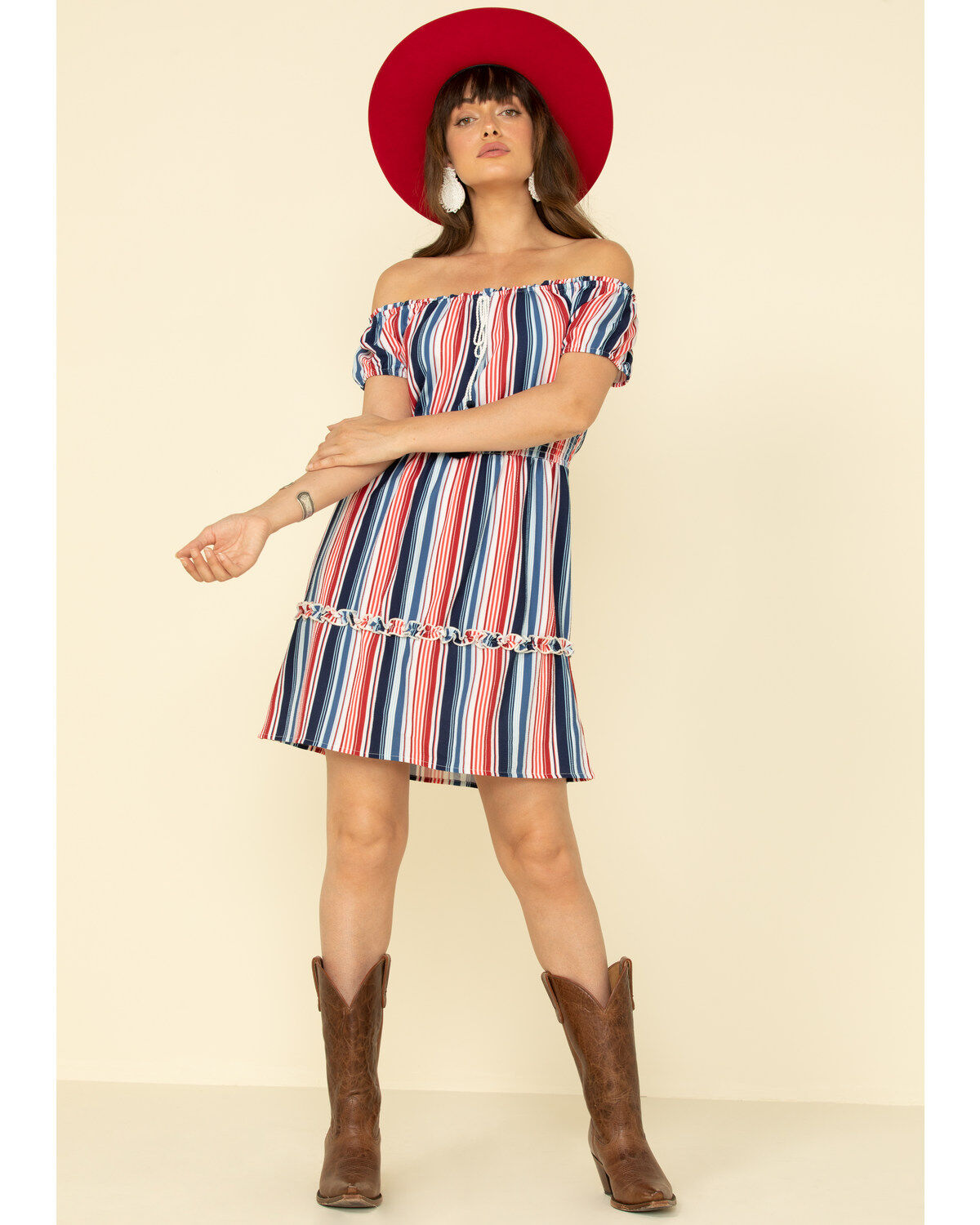 Rock & Roll Denim Women's Stripe Off The Shoulder Mini Dress