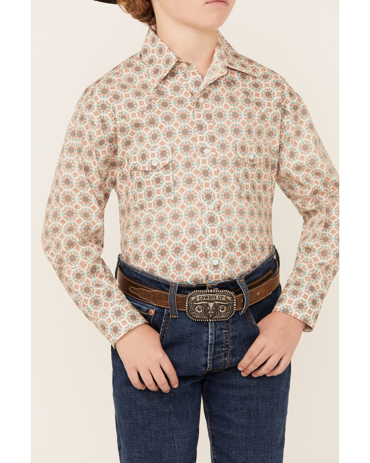 Rock & Roll Denim Boys Geo Print Long Sleeve Pearl Stretch Snap Western Shirt