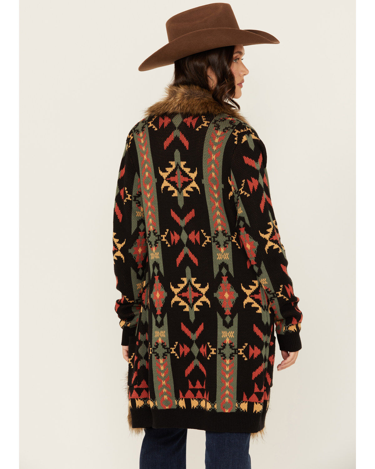 Panhandle Women's Southwestern Print Fur Trim Cardigan