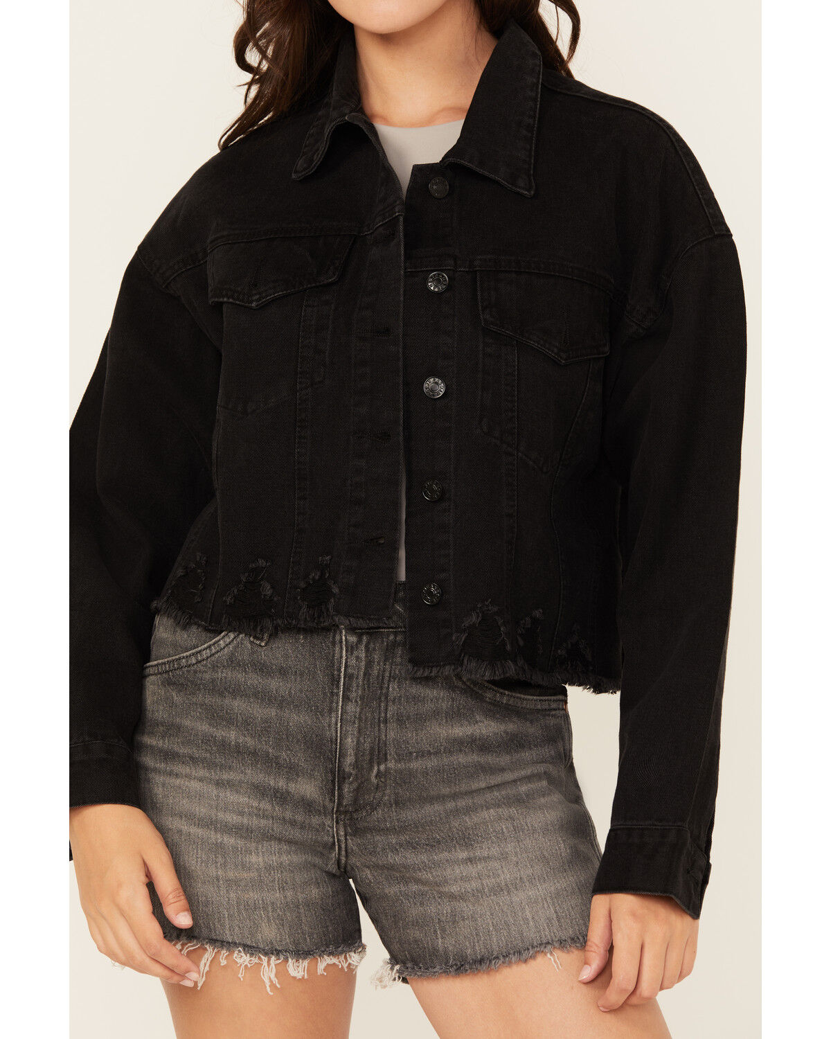 Blue B Women's Back Chain Fringe Cropped Denim Jacket