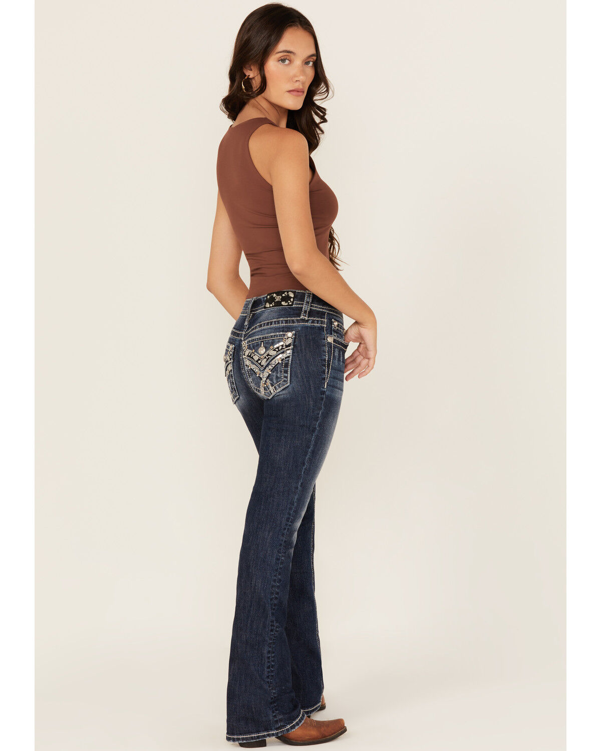 Miss Me Women's Dark Wash Mid Rise Paisley Pocket Bootcut Stretch Denim Jeans