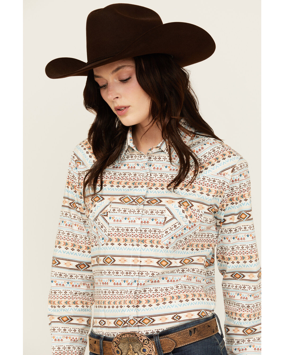 Rough Stock by Panhandle Women's Southwestern Striped Long Sleeve Pearl Snap Stretch Western Shirt