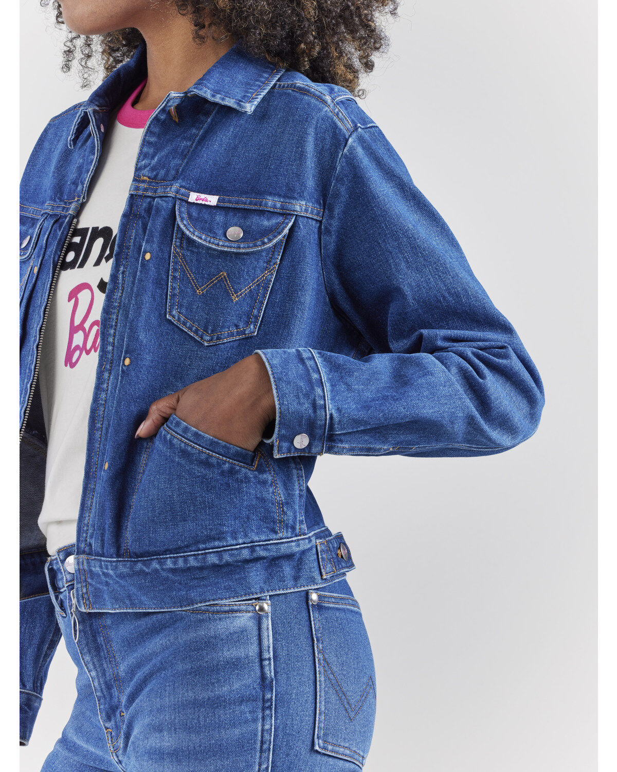 Wrangler® X Barbie® Women's Dark Wash Barbie® Logo Zip Front Denim Jacket