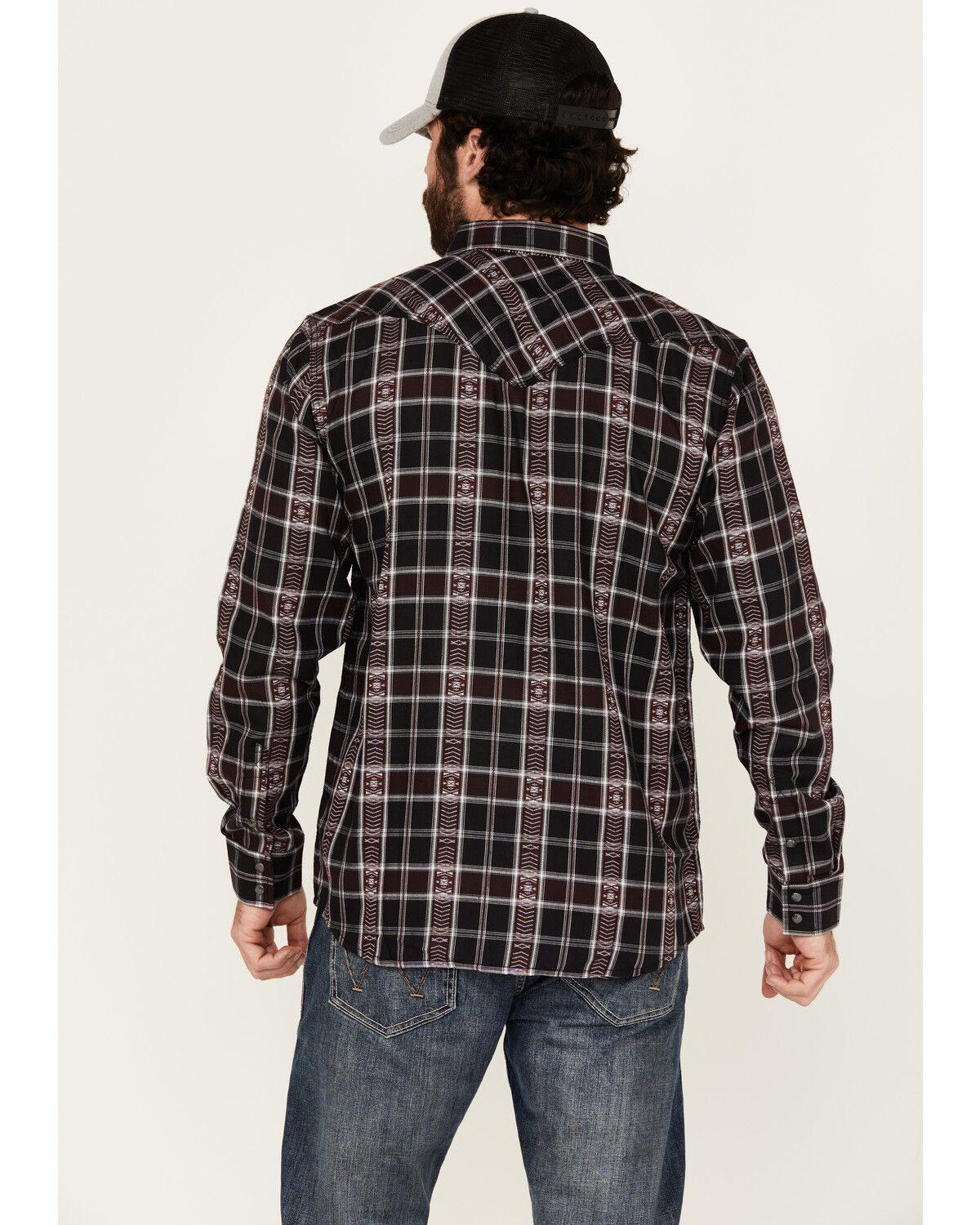 Moonshine Spirit Men's Dobby Plaid Print Long Sleeve Snap Wester Shirt