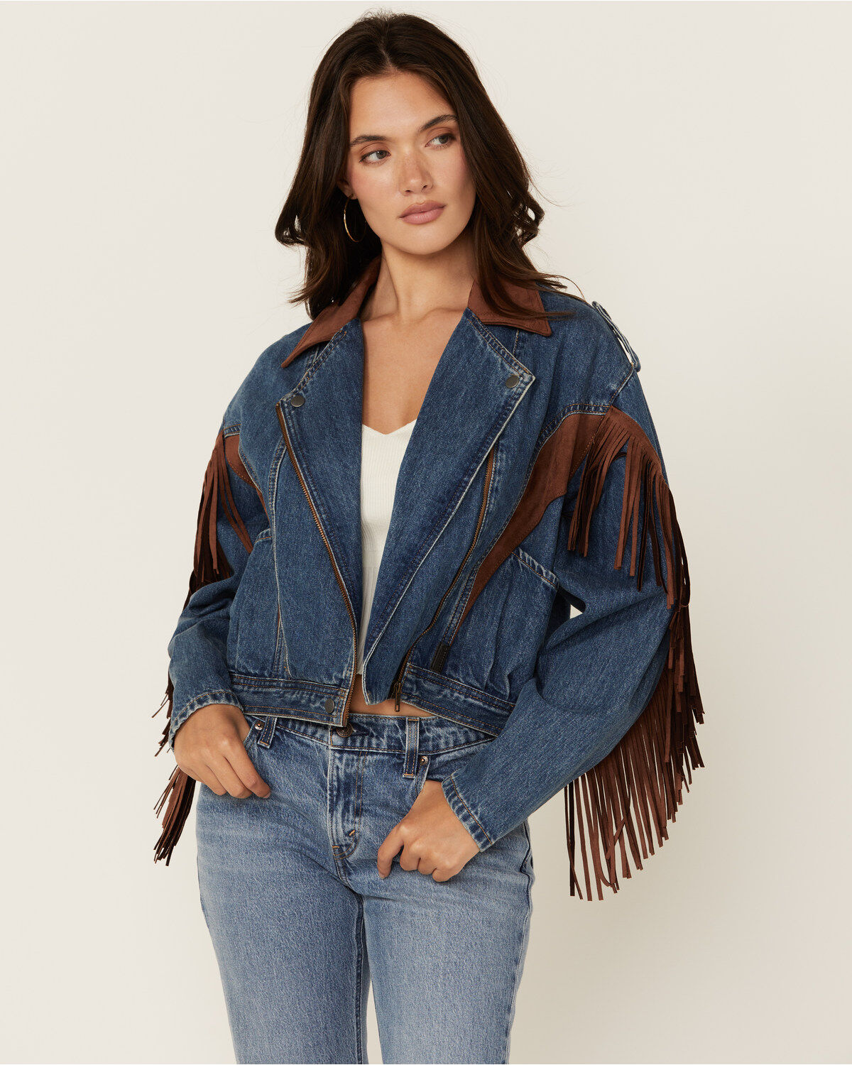 Rock & Roll Denim Women's Medium Wash Faux Suede Fringe Denim Jacket