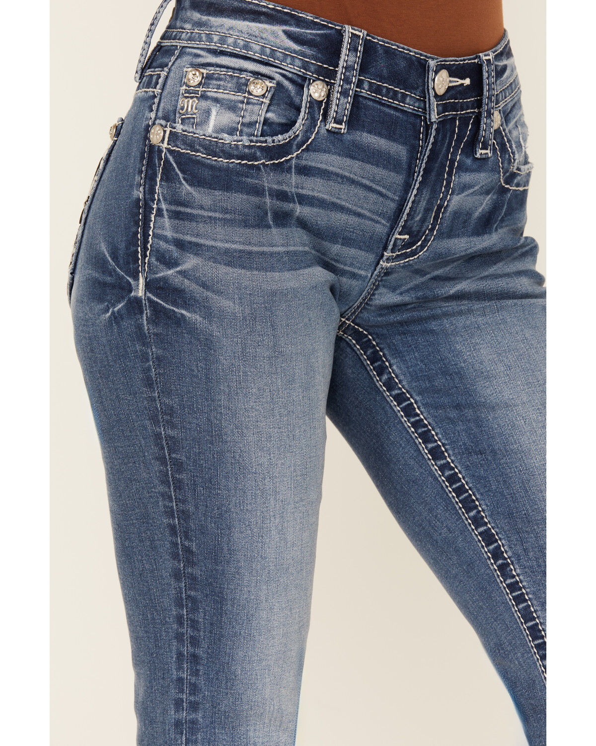 Miss Me Women's Medium Wash Mid Rise Fleur de Lis Pocket Bootcut Stretch Denim Jeans