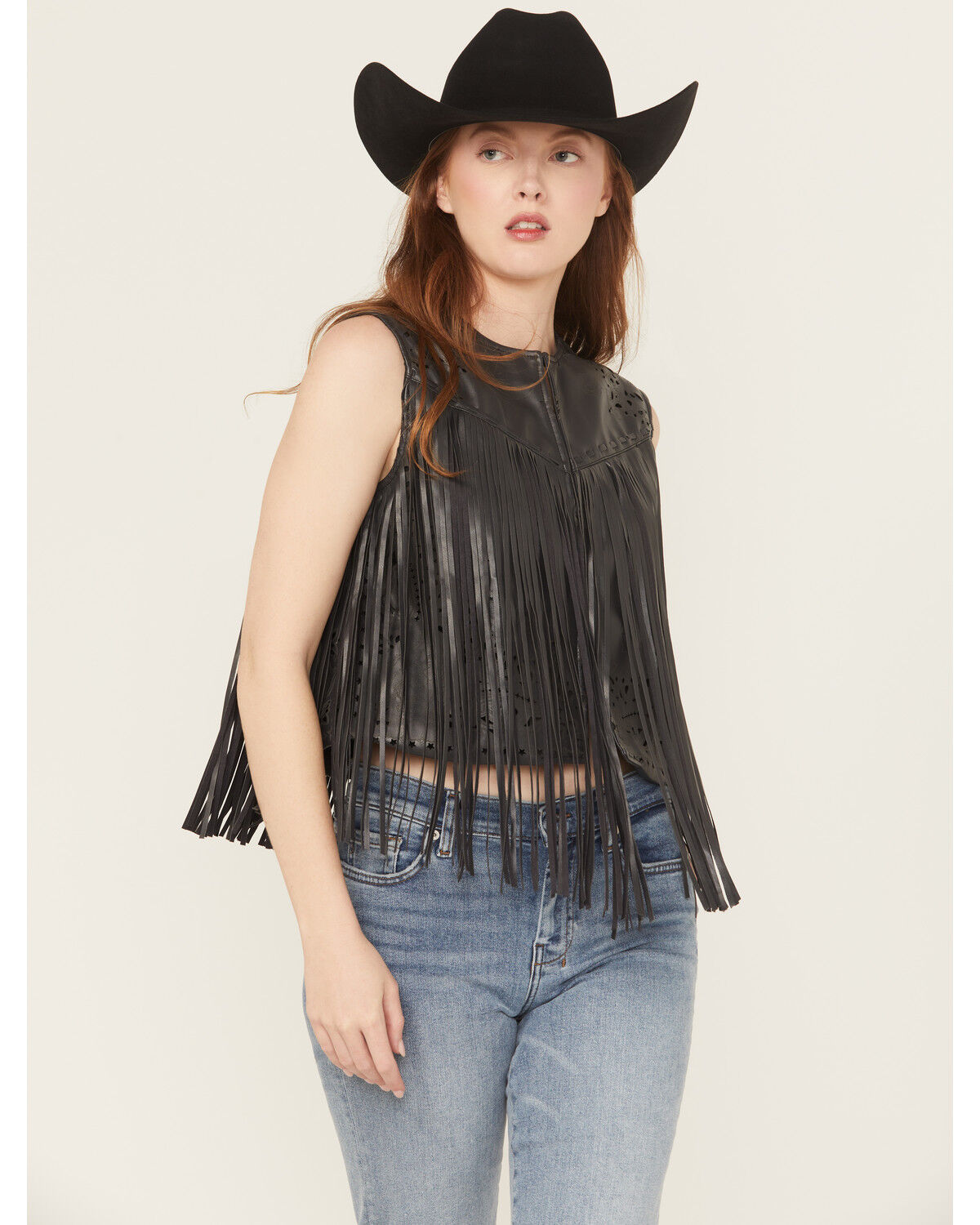 Blue B Women's Faux Leather Bandana Laser Cut Fringe Vest