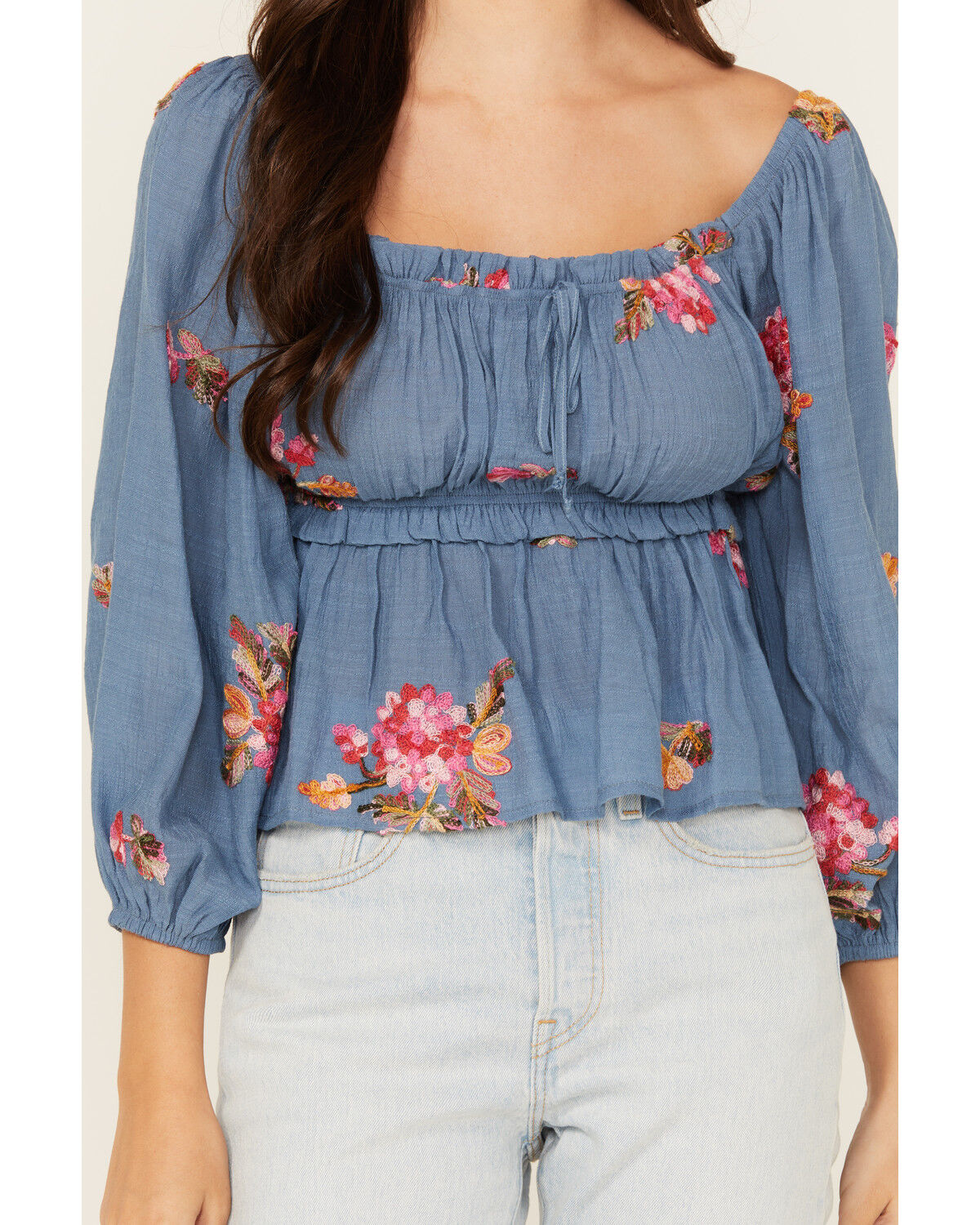 Wild Moss Women's Floral Embroidered 3/4 Sleeve Top