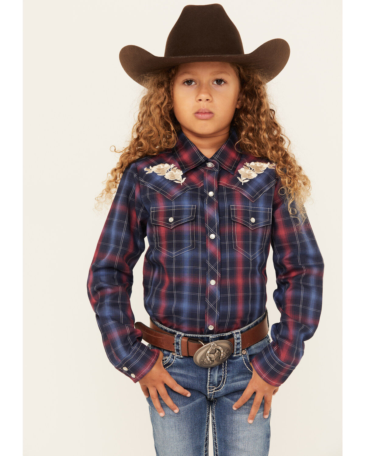 Ely Walker Girls' Plaid Print Rose Embroidered Long Sleeve Pearl Snap Western Shirt
