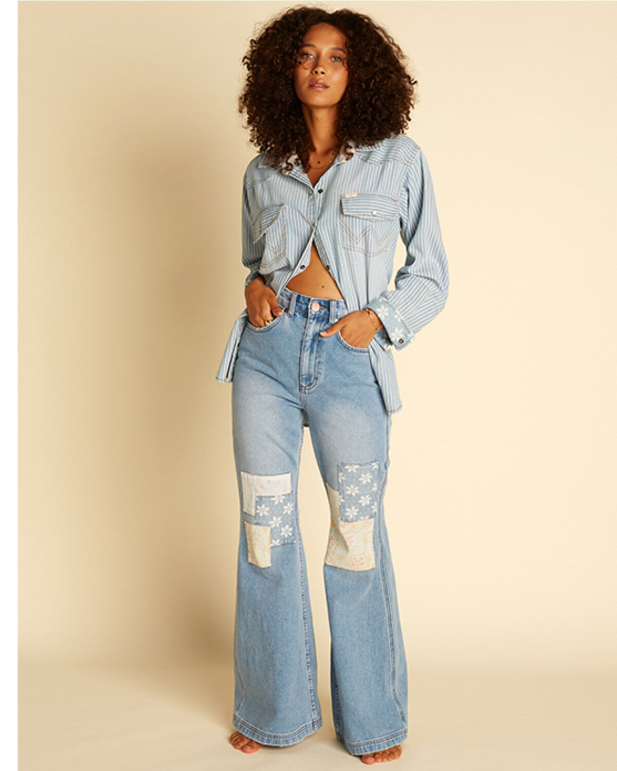 Billabong x Wrangler Women's High Rise Medium Wash Floral Patchwork Straight Crop Jeans