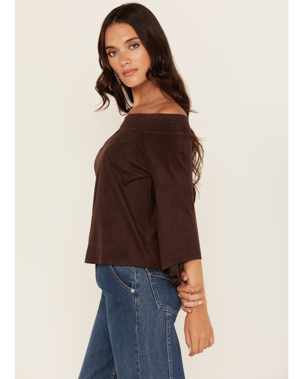 Shyanne Women's Solid Faux Suede Off The Shoulder Long Sleeve Shirt