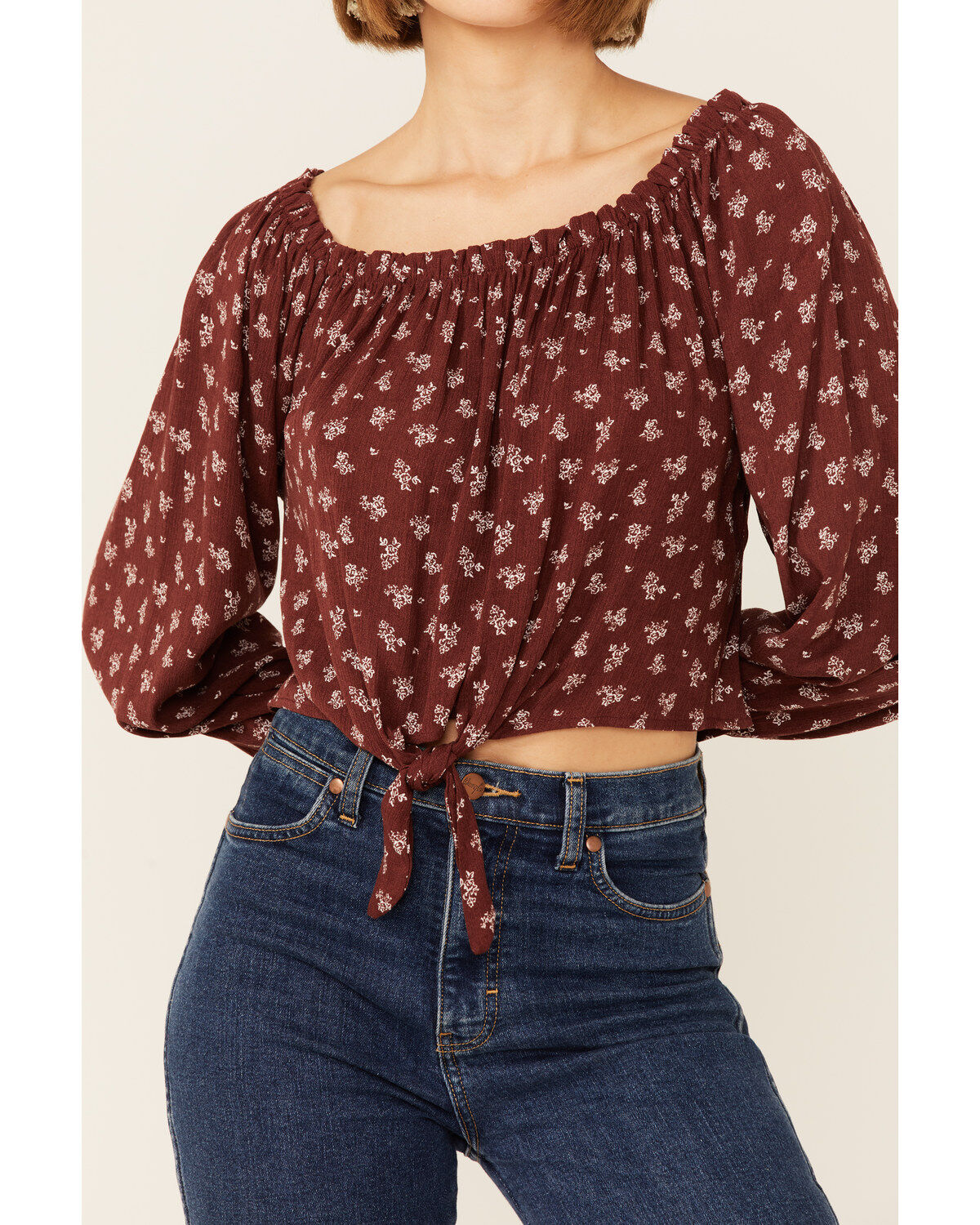 Wild Moss Women's Floral Cold Shoulder Tie-Front Top