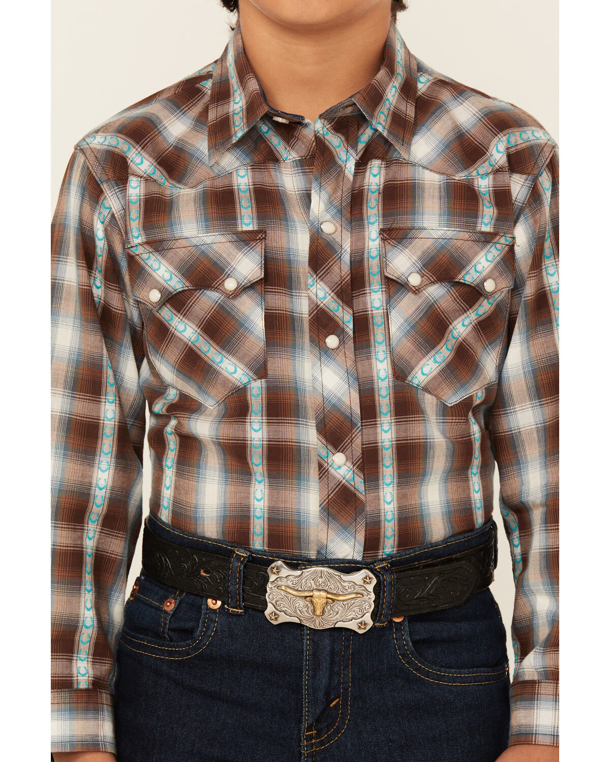 Roper Boys' Plaid Print Horseshoe Long Sleeve Snap Western Shirt