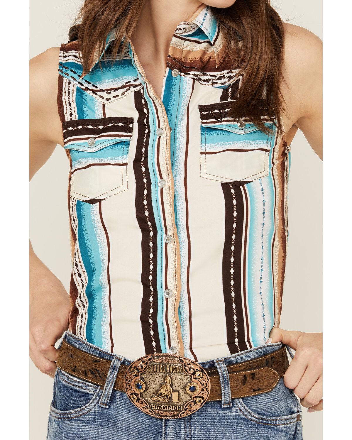 Cowgirl Hardware Women's Serape Striped Sleeveless Snap Western Shirt