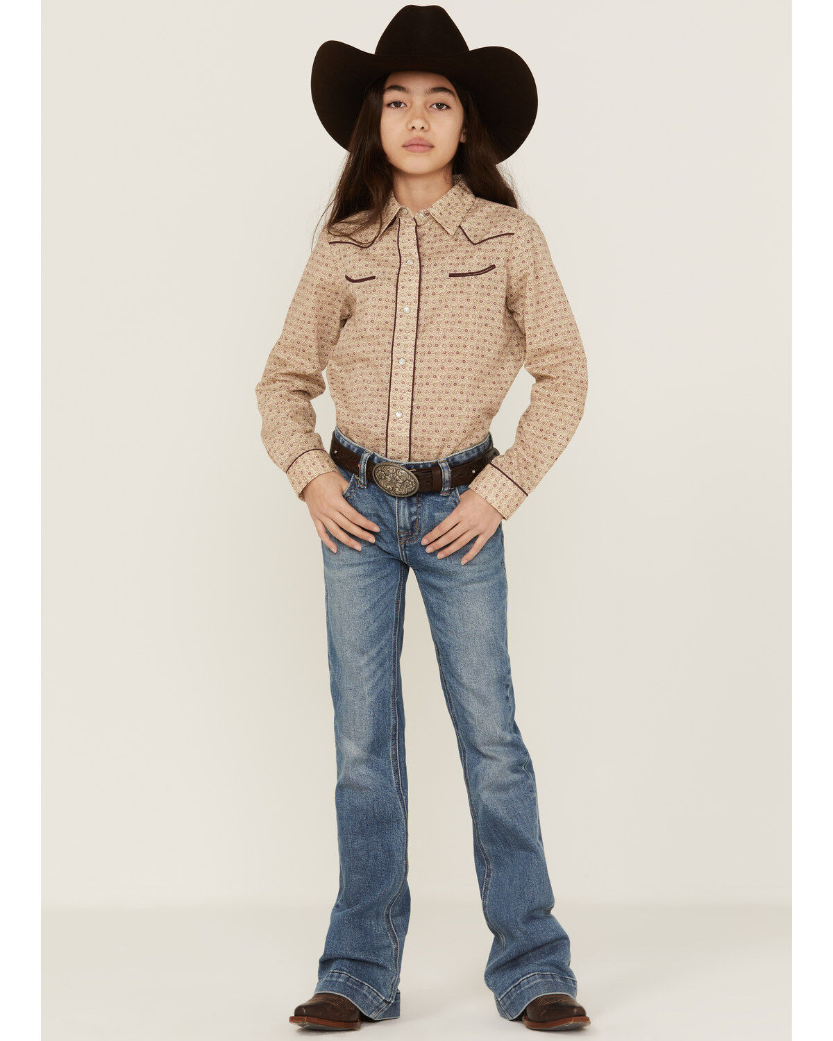 Roper Girls' Floral Print Long Sleeve Western Pearl Snap Shirt