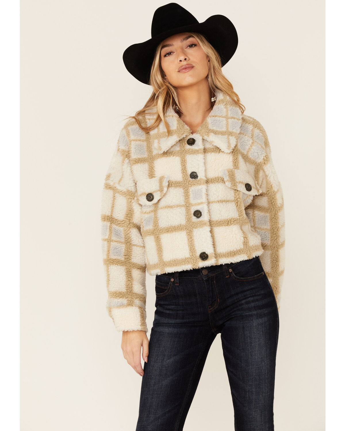 Vigoss Women's Ivory Grid Print Cropped Sherpa Jacket