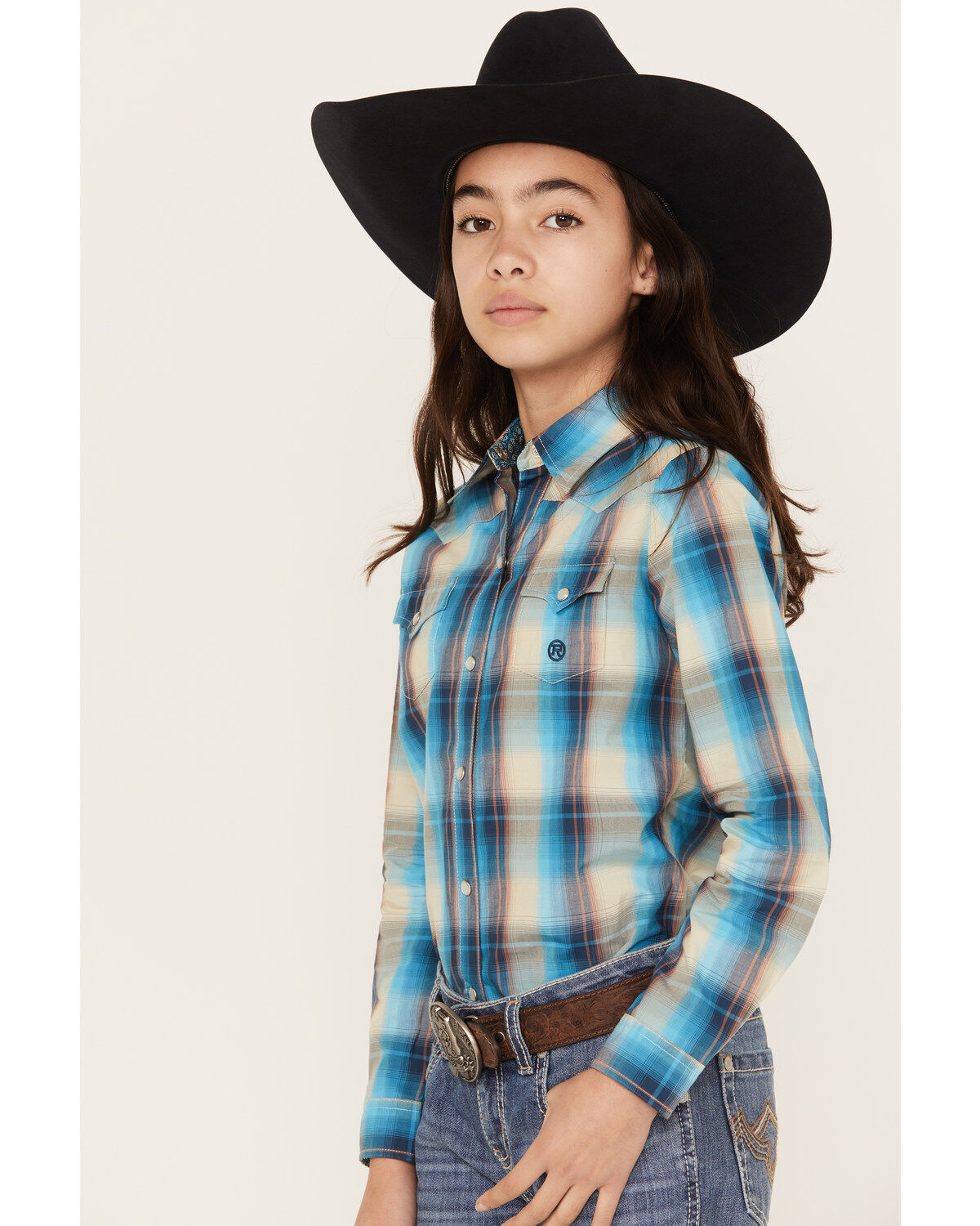 Roper Girls' Plaid Print Long Sleeve Pearl Snap Western Shirt