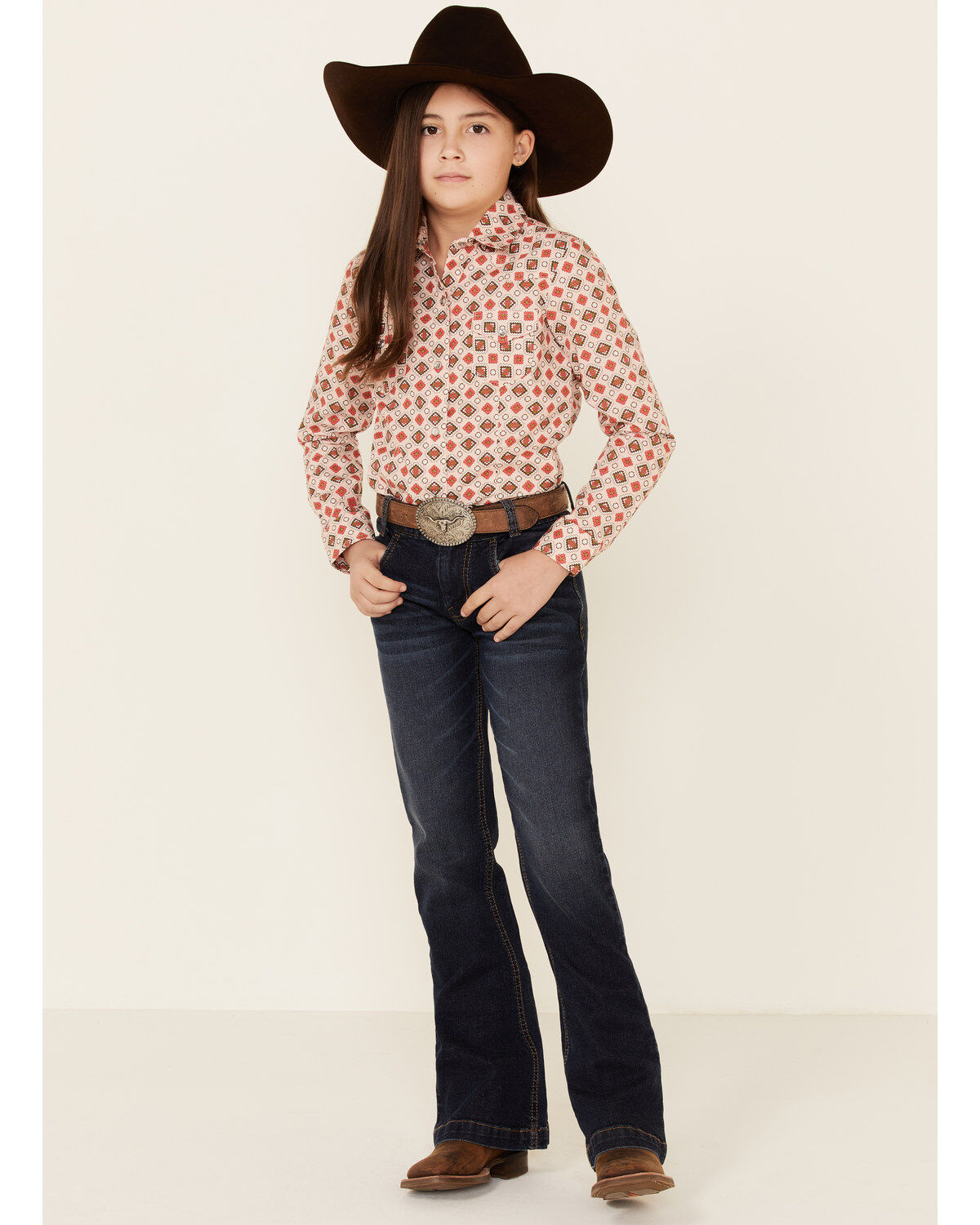 Cruel Girl Girls' Diamond Geo Print Long Sleeve Pearl Snap Western Shirt