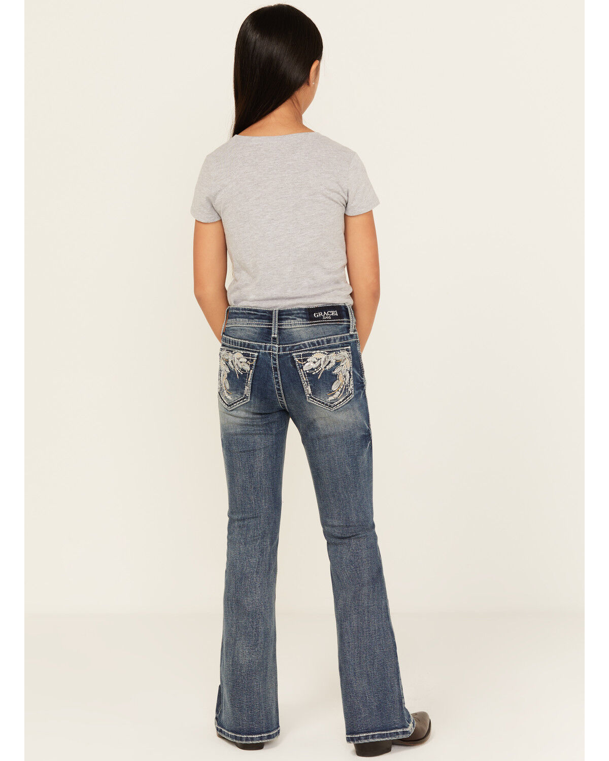Grace In LA Girls' Leaf Embroidered Flare Stretch Denim Jeans