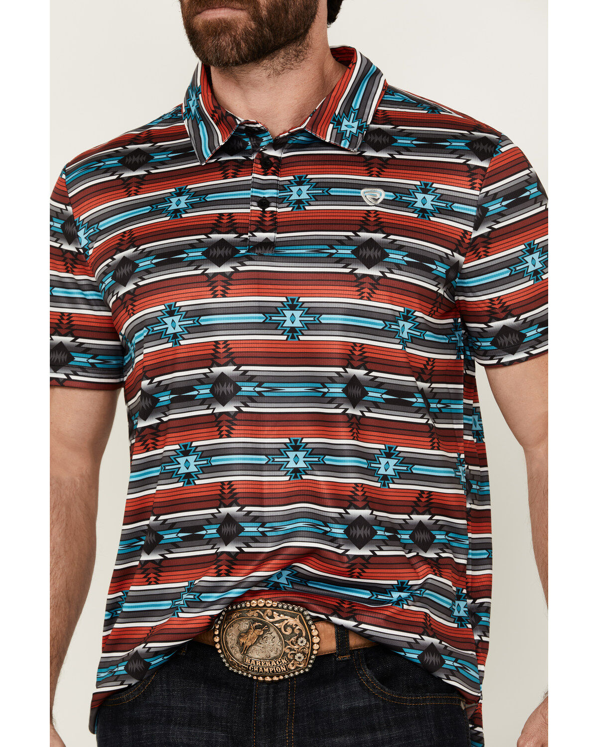 Rock & Roll Denim Men's Southwestern Striped Short Sleeve Stretch Polo Shirt