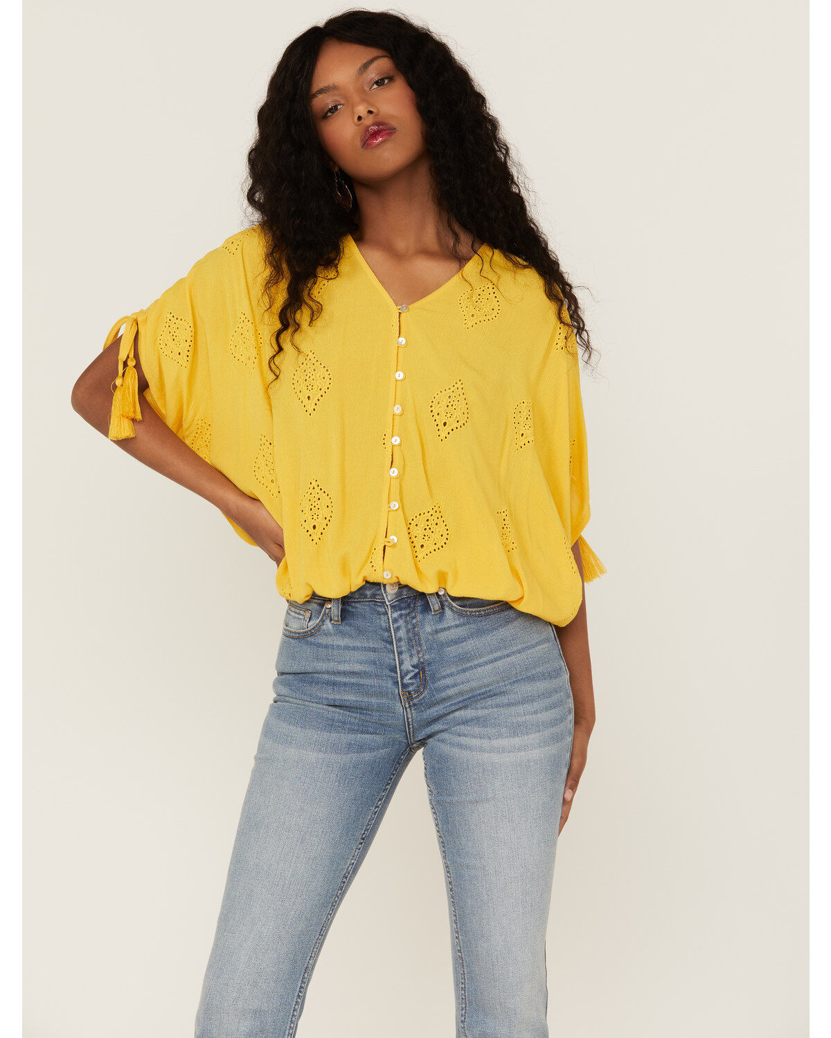 Miss Me Women's Mustard Button Front Embroidered Tassel Trim Top