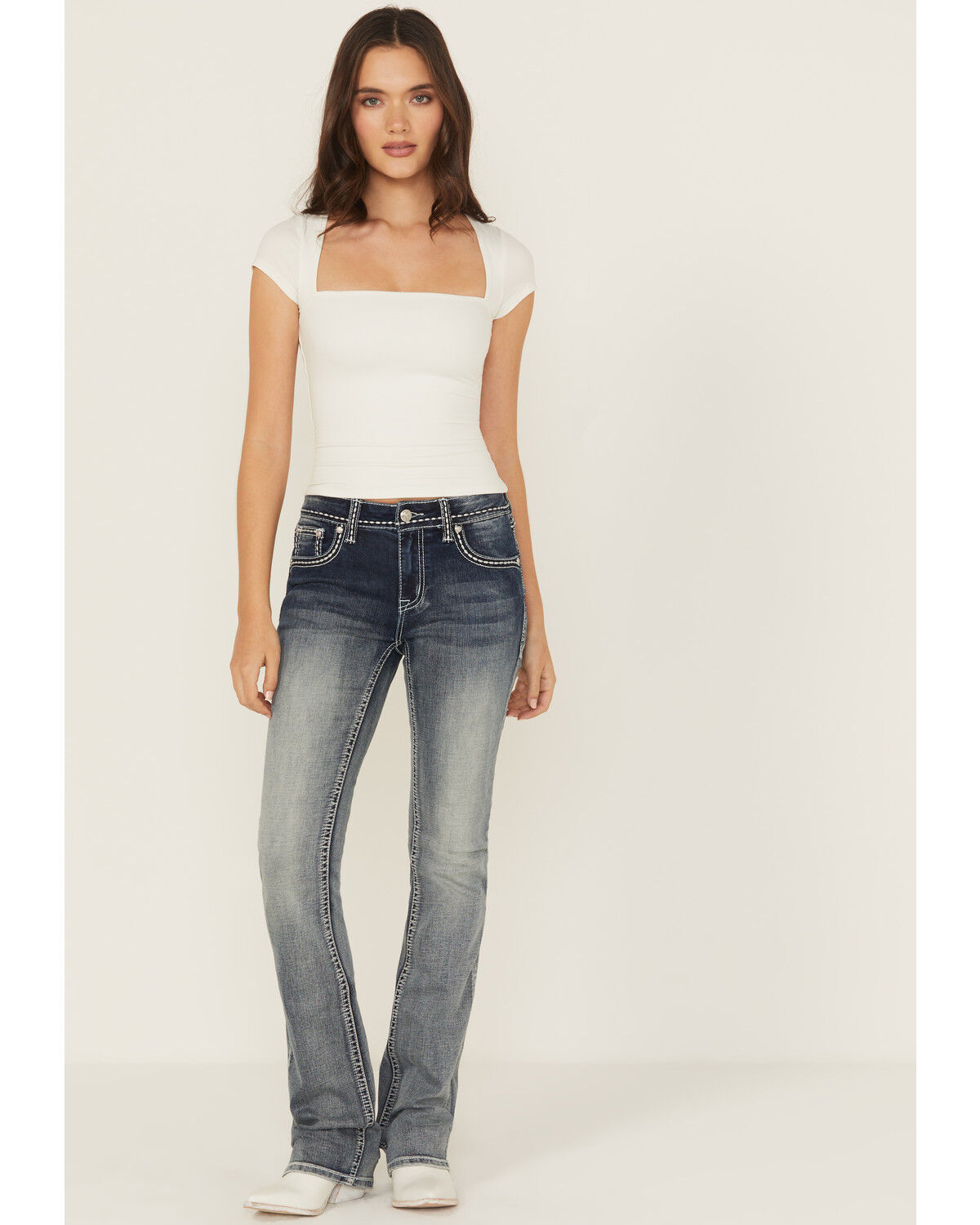 Grace In LA Women's Medium Wash Fleur De Lis Embroidered Mid Rise Bootcut Stretch Denim Jeans