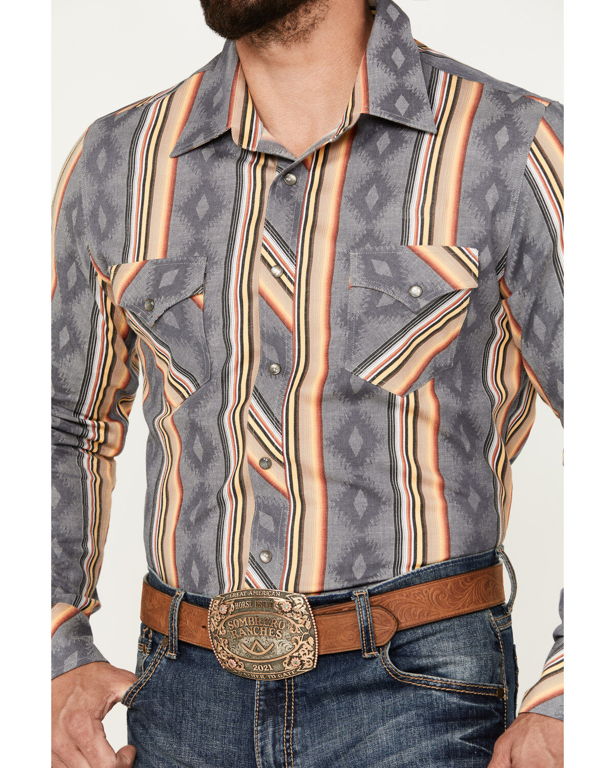 Rock & Roll Denim Men's Serape Striped Print Long Sleeve Stretch Pearl Snap Western Shirt