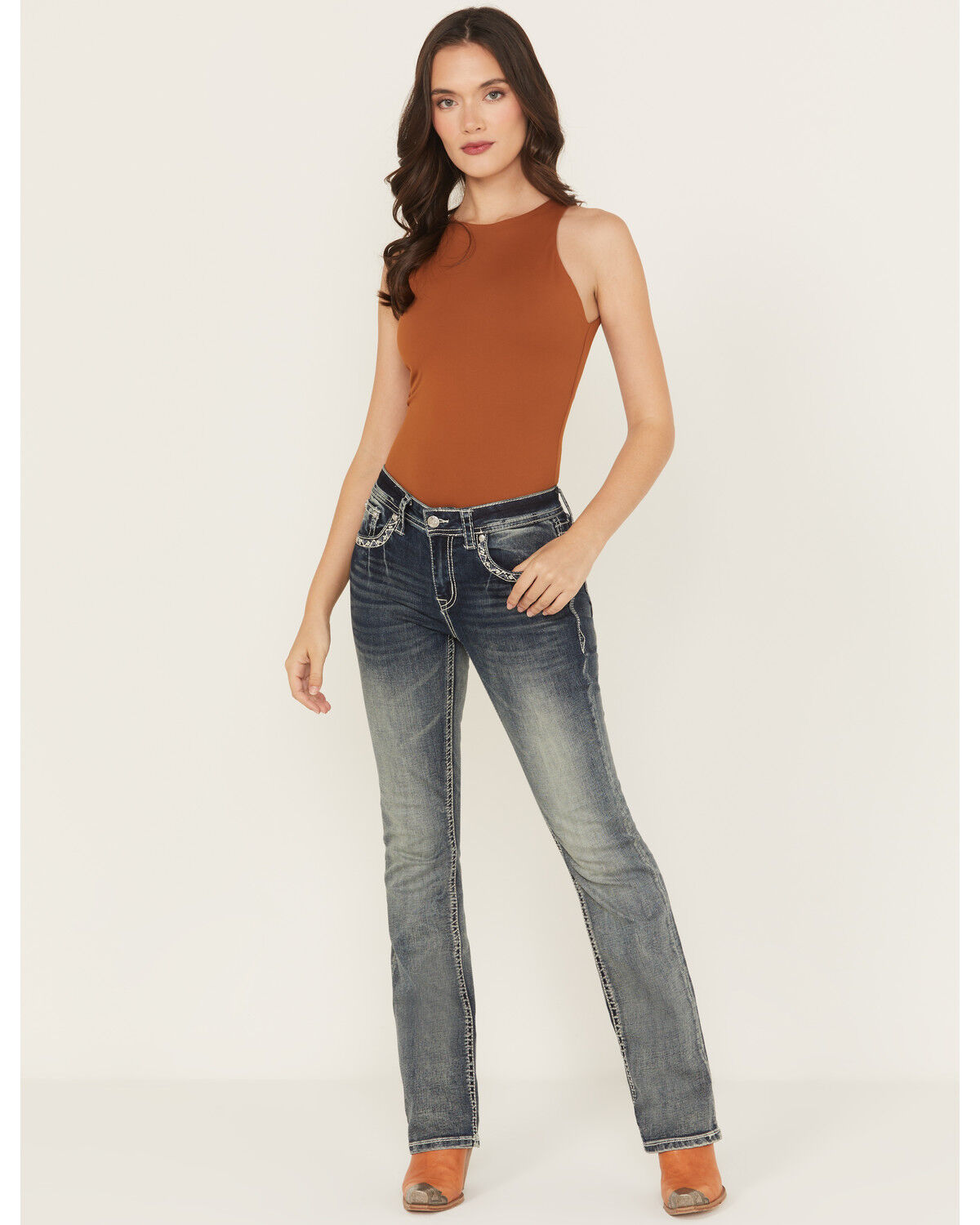 Grace in LA Women's Medium Wash Floral Embroidered Mid Rise Bootcut Stretch Denim Jeans