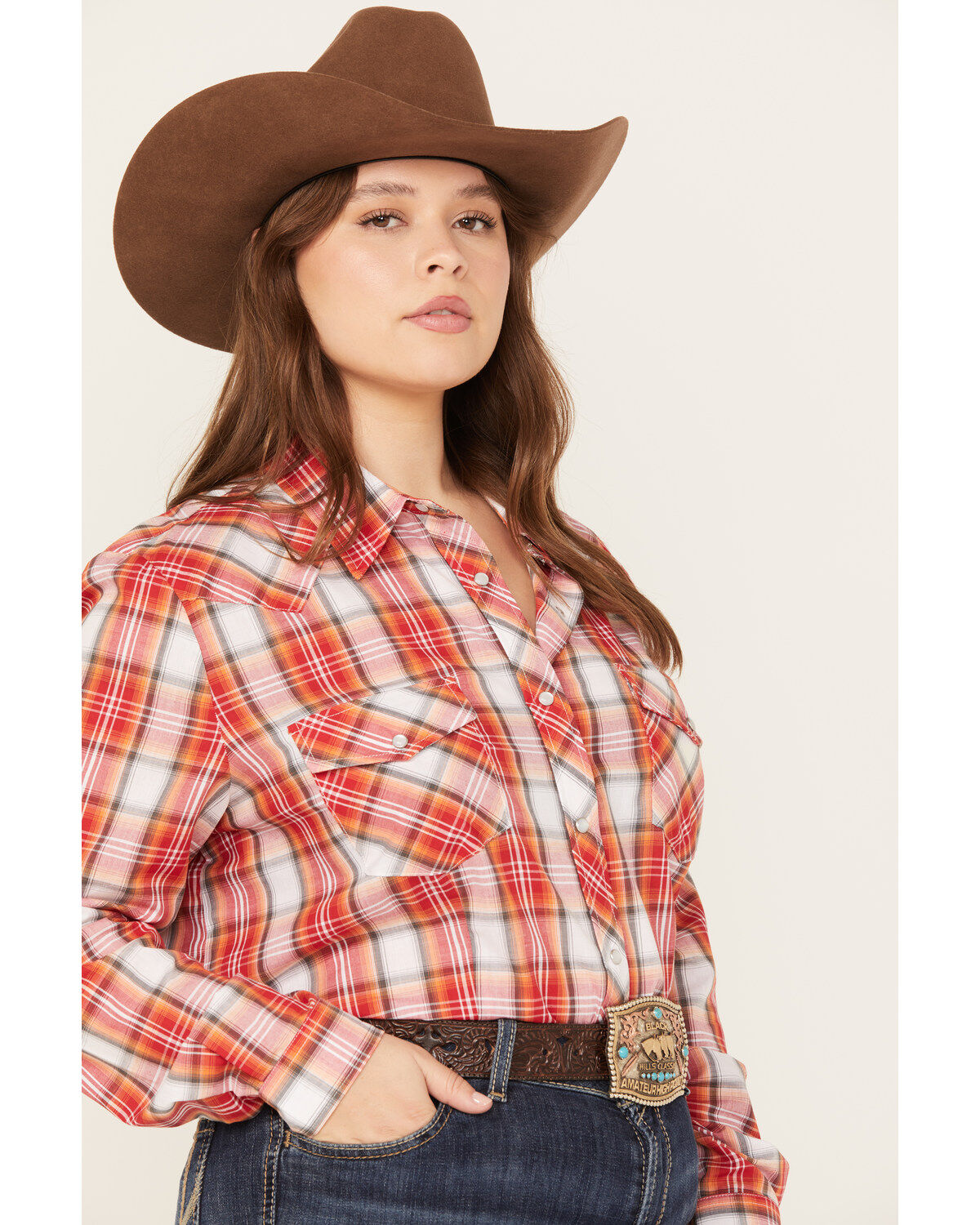Roper Women's Plaid Print Long Sleeve Western Pearl Snap Shirt - Plus