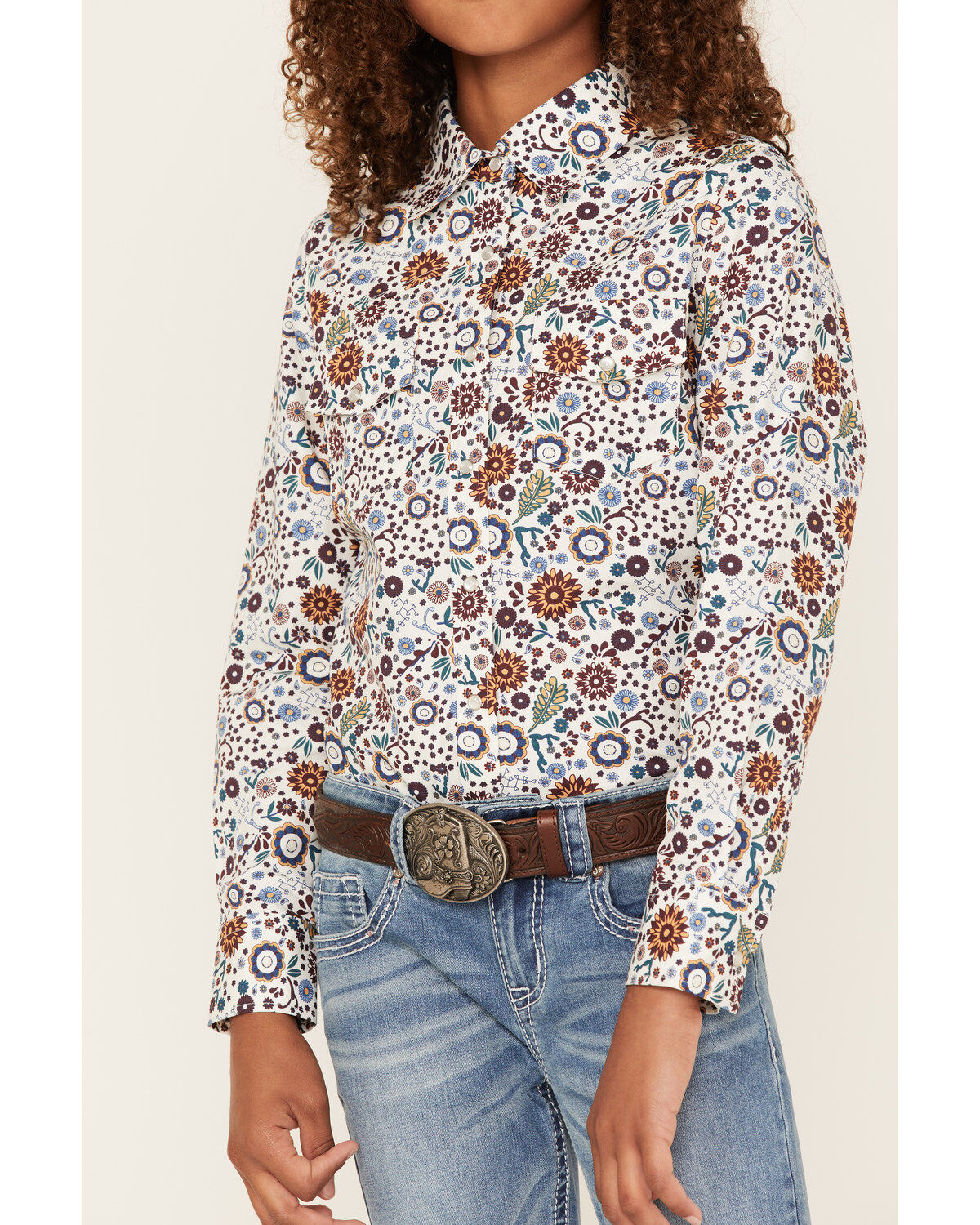 Shyanne Girls' Ditsy Floral Print Long Sleeve Western Pearl Snap Shirt