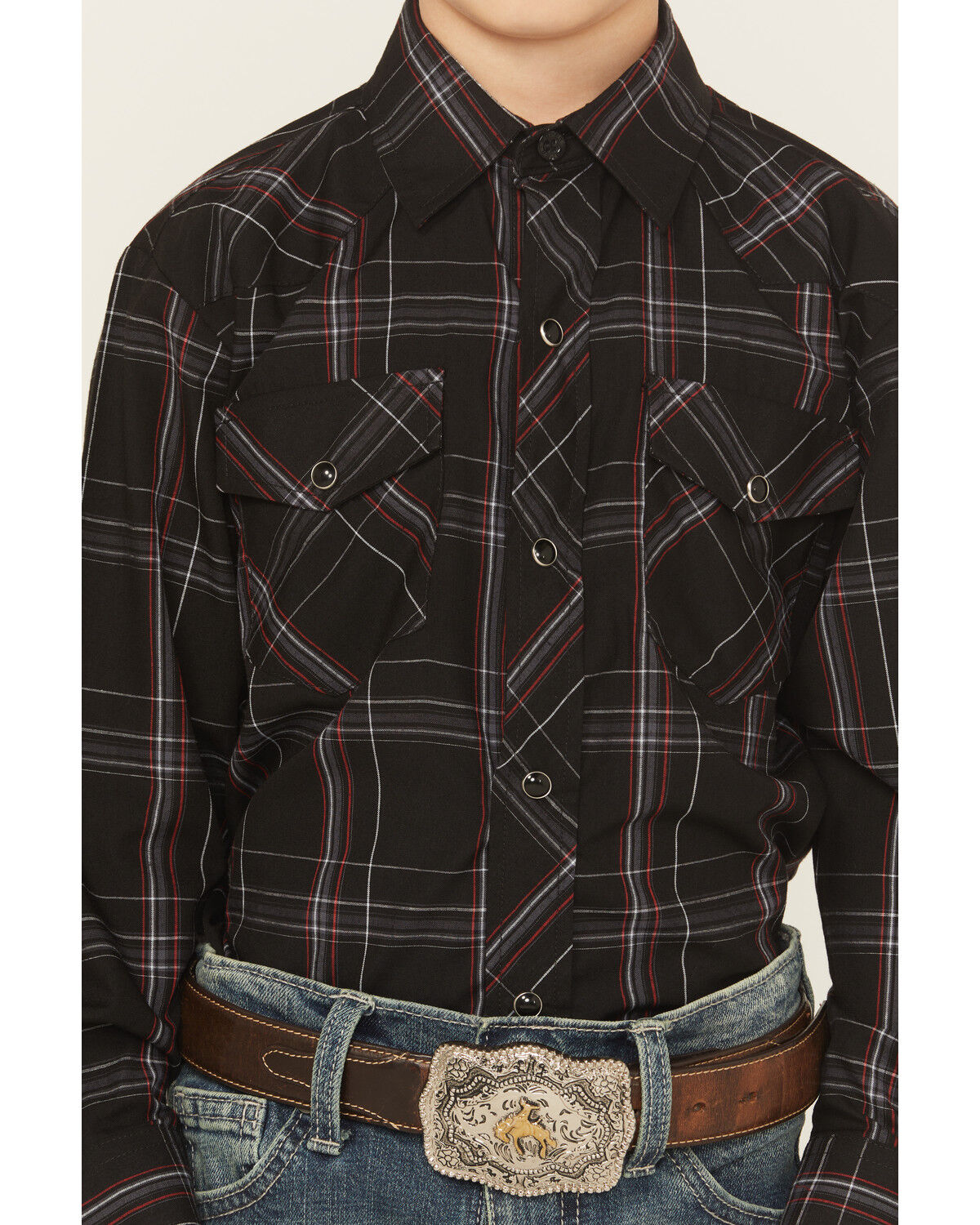 Roper Boys' Plaid Print Long Sleeve Snap Stretch Western Shirt