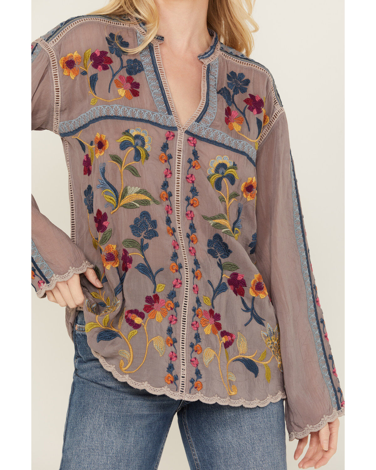 Johnny Was Women's Floral Embroidered Long Sleeve Shirt