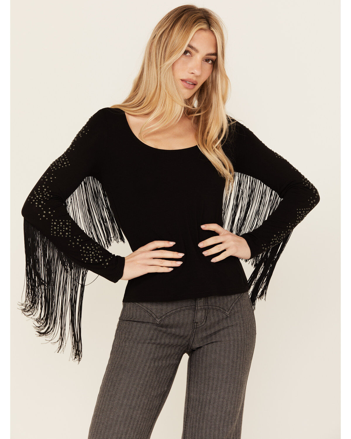 Idyllwind Women's Doris Studded Fringe Long Sleeve Top