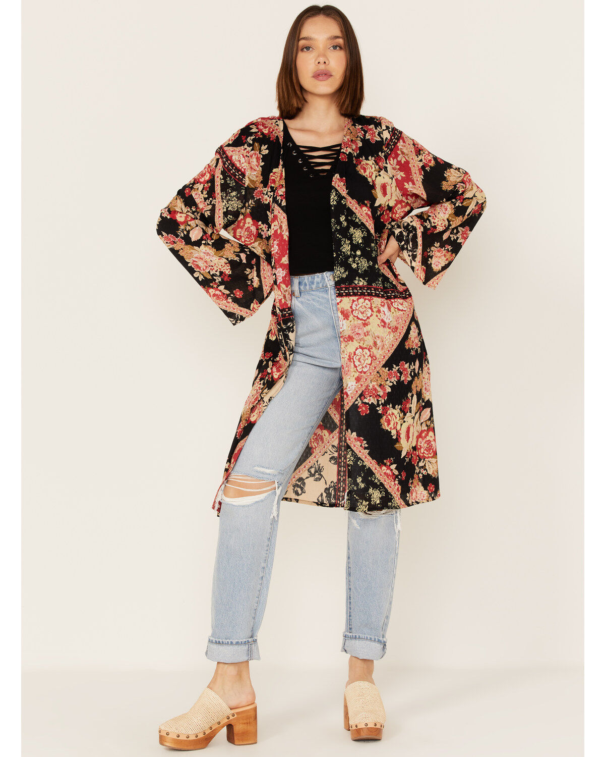 Band of the Free Women's High Hopes Patchwork Floral Print Long Sleeve Kimono
