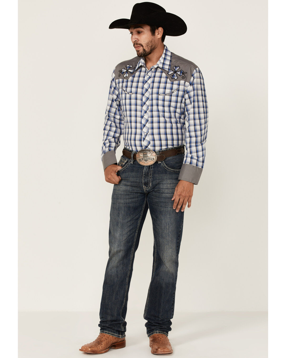Roper Men's Checkered Embroidered Plaid Print Long Sleeve Pearl Snap Western Shirt