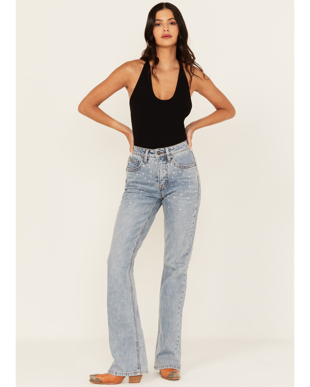 Rock & Roll Denim Women's Light Wash High Rise Rhinestone Studded Bootcut Stretch Denim Jeans