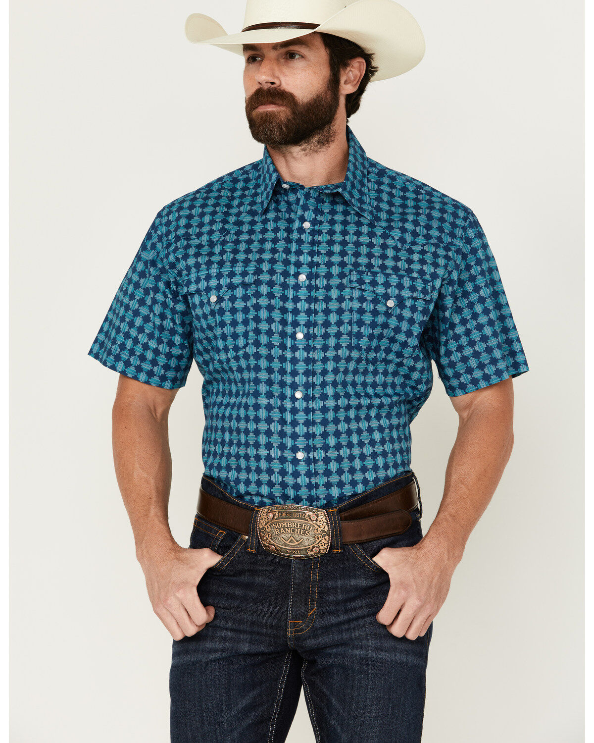 Roper Men's West Made Printed Short Sleeve Pearl Snap Western Shirt