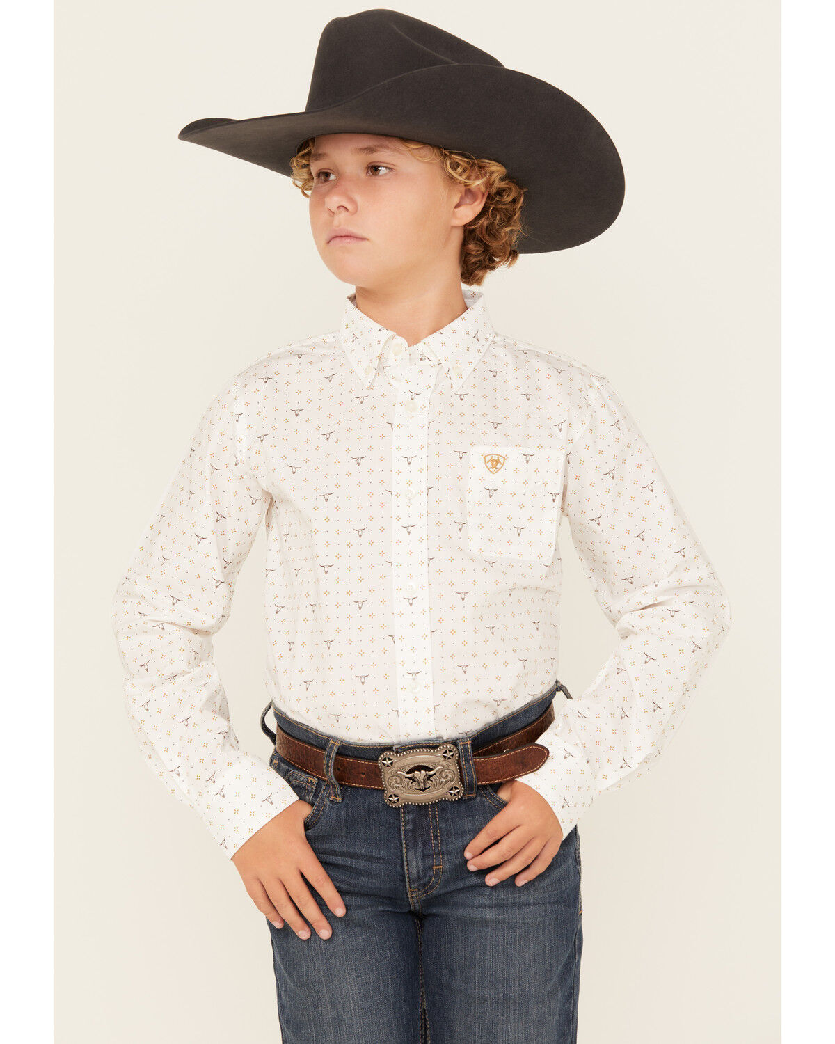 Ariat Boys' Steer Print Long Sleeve Button-Down Western Shirt